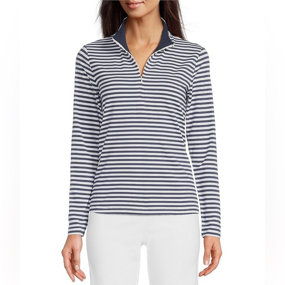 J.McLaughlin Ace Knit Stripe Print Quarter Zip Mock Neck Long Sleeve Pullover SM - Picture 7 of 7